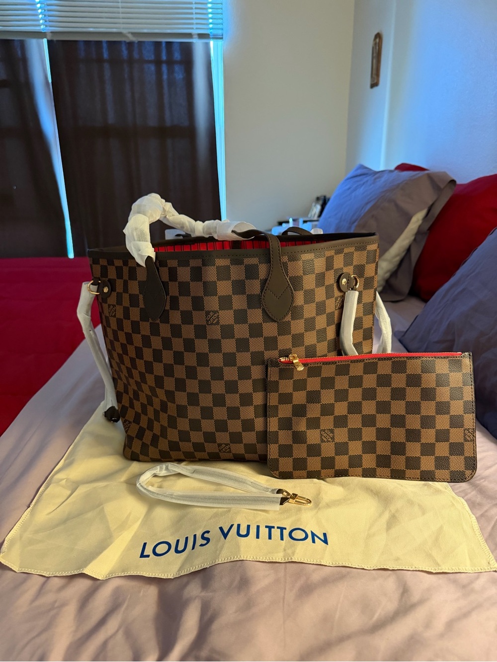 Y2K  Damier Ebene Tote bag  with Red Interior and Matching Pochette
